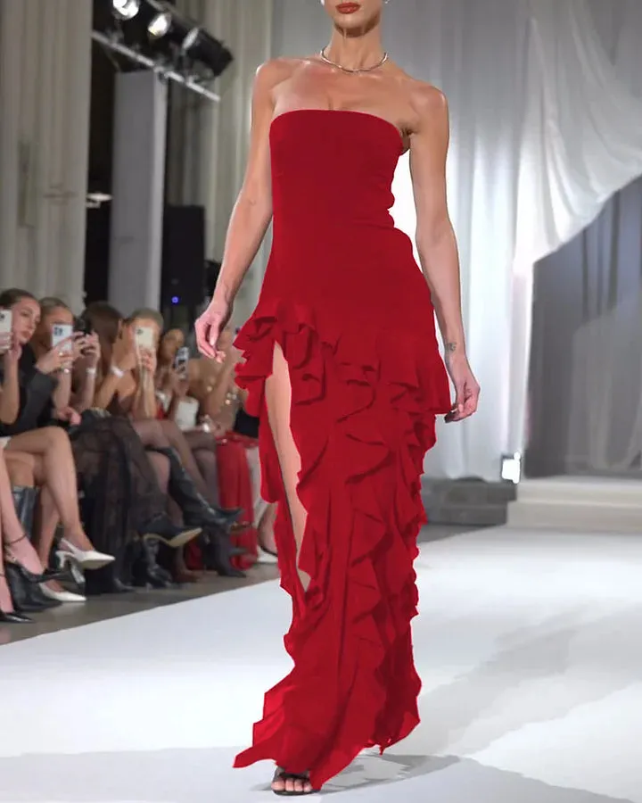 Women's Strapless Evening Dress - High-Low Ruffle Hem - Elegant Formal Wear